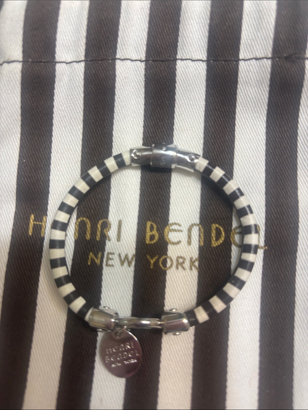 Henri Bendel Brown and white leather signature Striped Logo Charm Bracelet - Picture 4 of 6